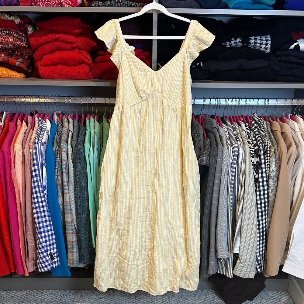 Time and Tru yellow/white striped elastic waist adjustable strap midi dress M